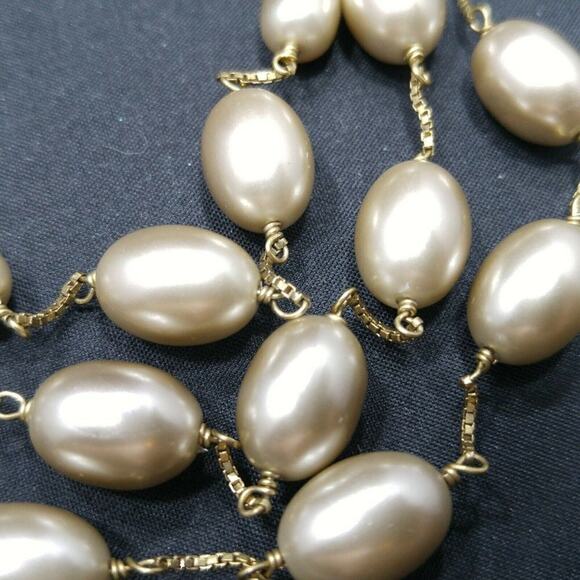 Vintage Monet Taupe Faux Pearl Necklace, Three Strands, Beads W/ Box Chain, 18" - Picture 7 of 9